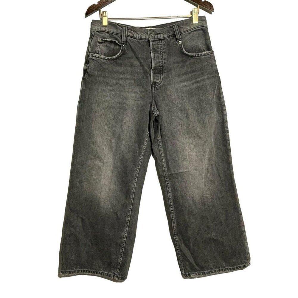 Free People Wide Flare Jeans Crop Capris Women Size 30 Black Gray Button Retro